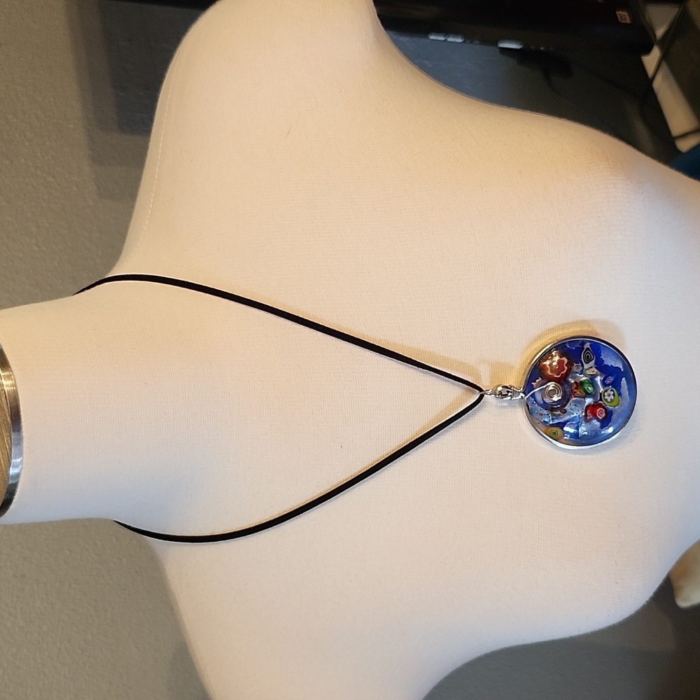 Murano Look Glass Pendant On Suede Cord Necklace New, Nickel Free Adjust 18-20"